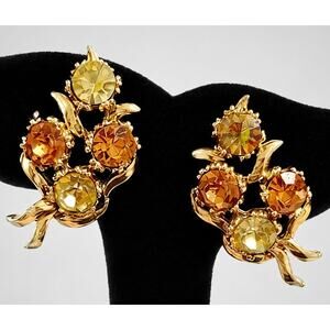 Vintage BSK Rhinestone Clip-On Earrings Gold-Tone Clear Amber Brown 1" bc-38